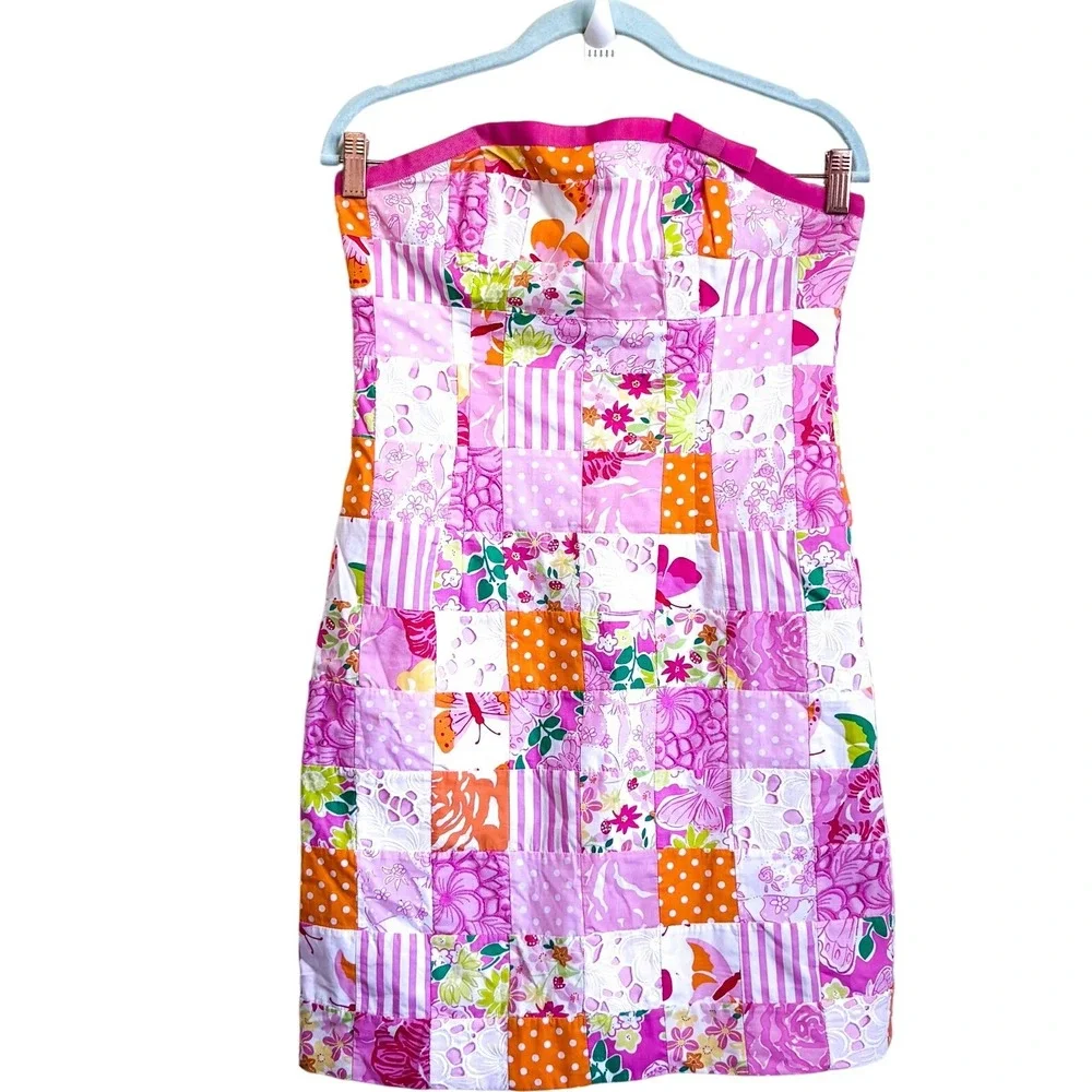 Vintage Lilly Pulitzer Preppy Patchwork Strapless Dress Size 6 Pink Coquette - Picture 2 of 9
